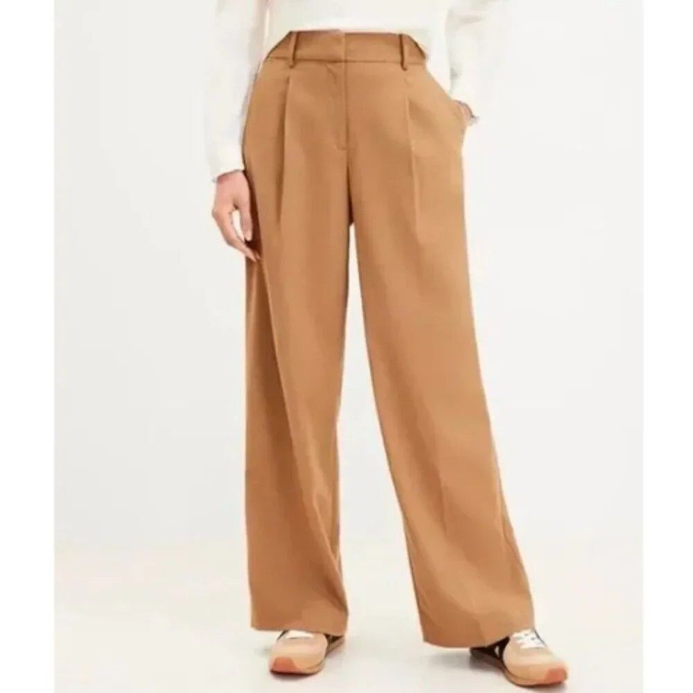 LOFT The Peyton Trouser Camel Tan Wide Leg Pleated High Rise Pants Size 4 NEW